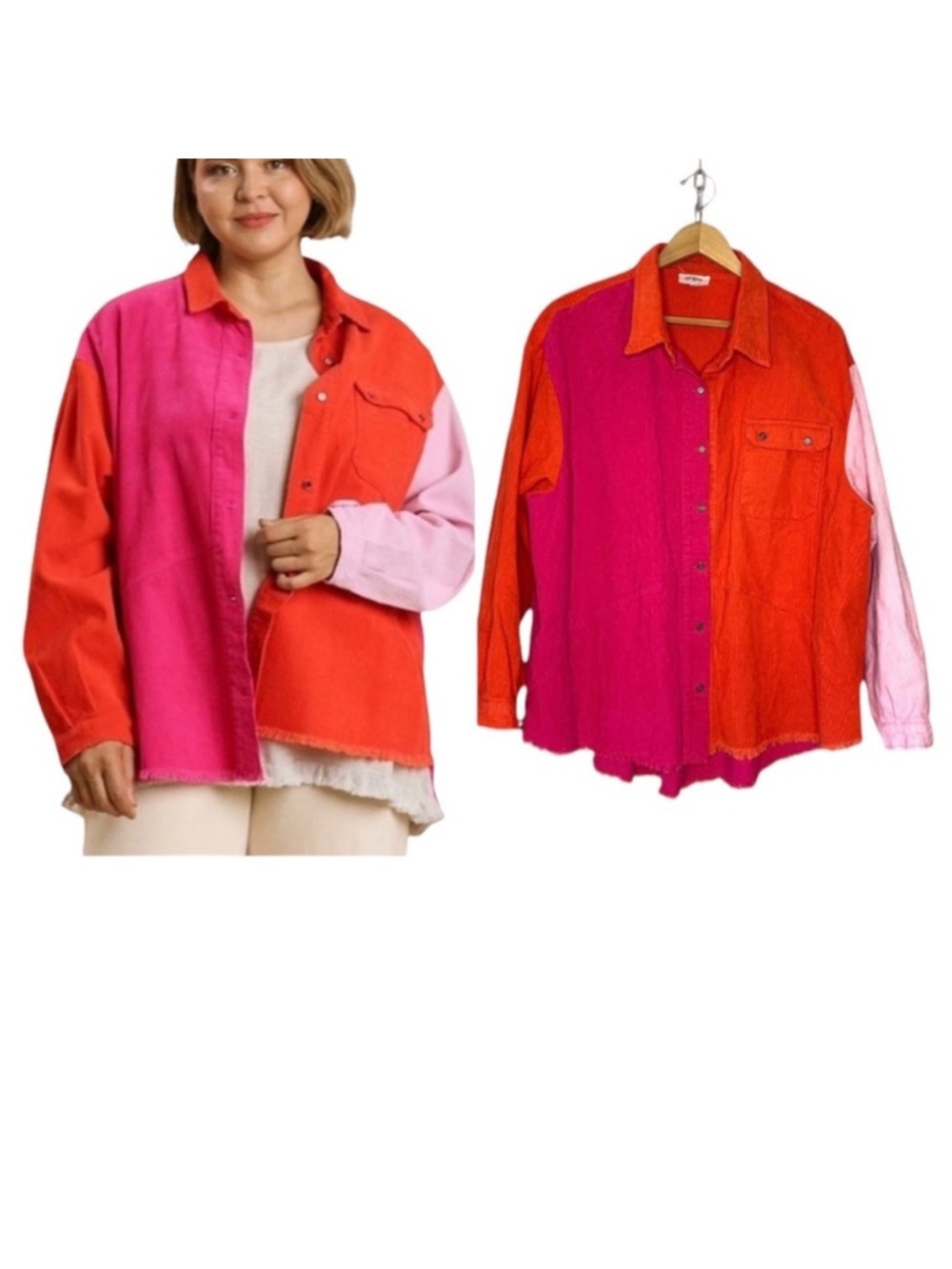 UMGEE Size‎ L Colorblock Pink Orange Corduroy Shacket Shirt Jacket